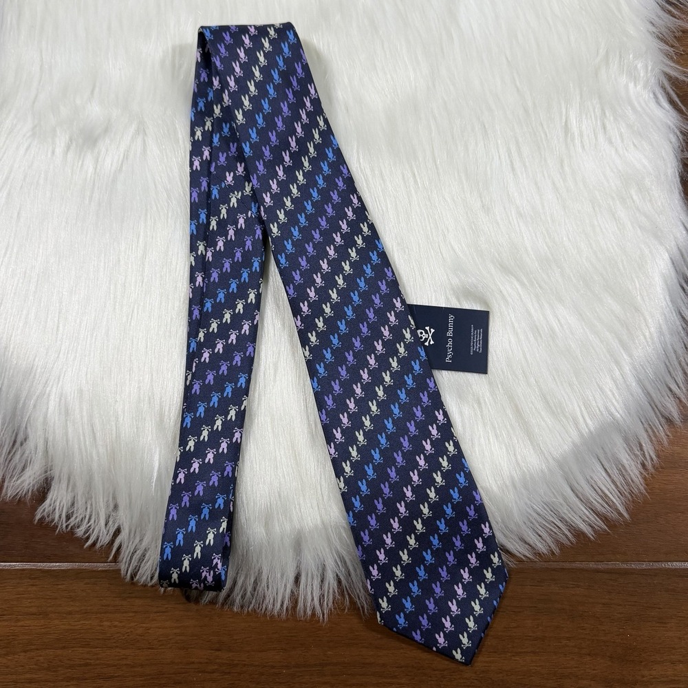 Psycho Bunny Men's Multicolor Blue Purple Skull Bunny Logo 100% Silk Necktie Tie
